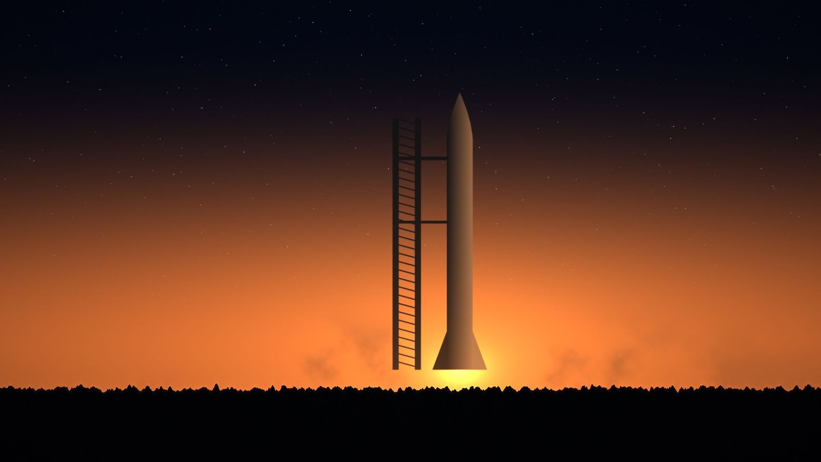 A rocket on the launch pad at dusk, illustration